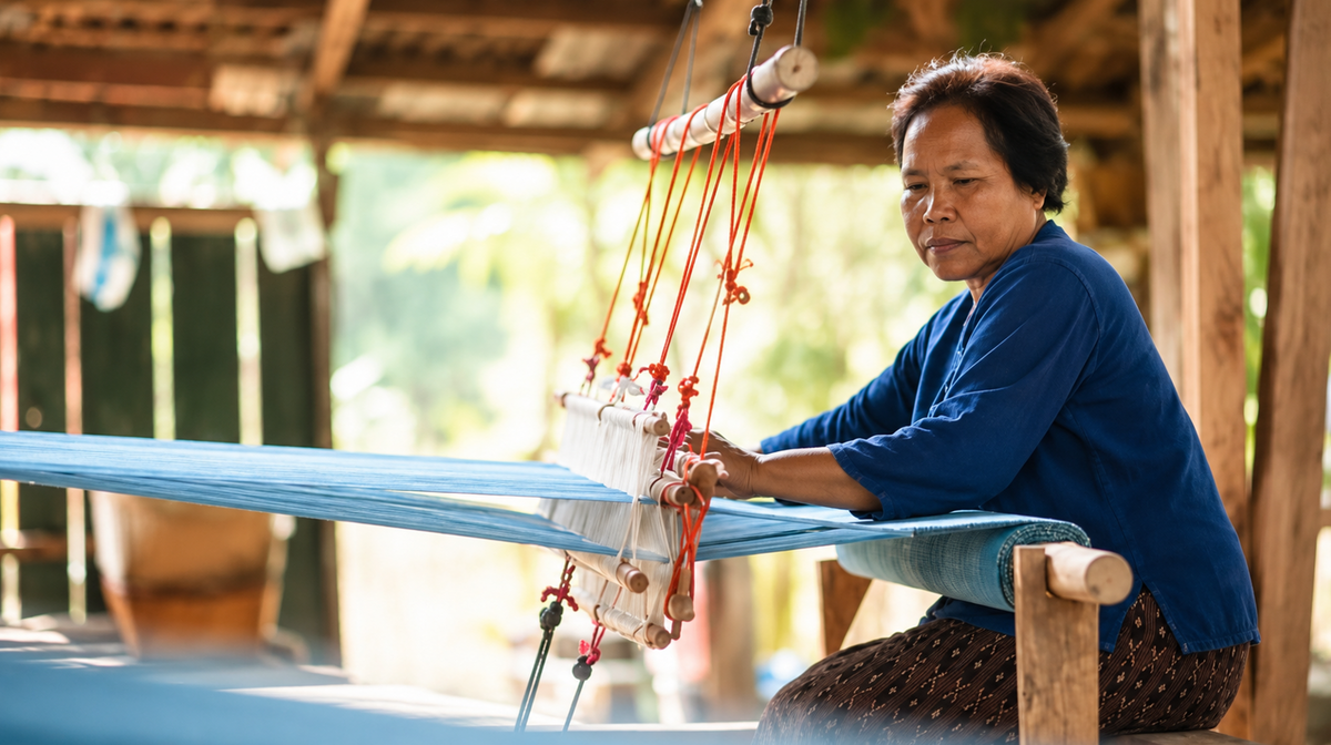 Weavers and dyers of the Sakon Nakhon community at work