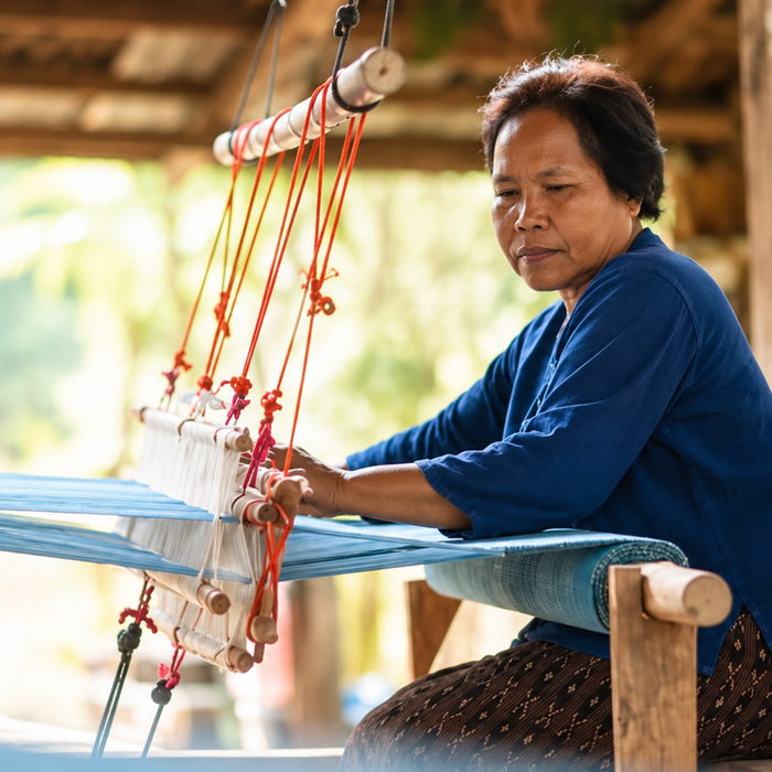 A weaver working at a traditional loom