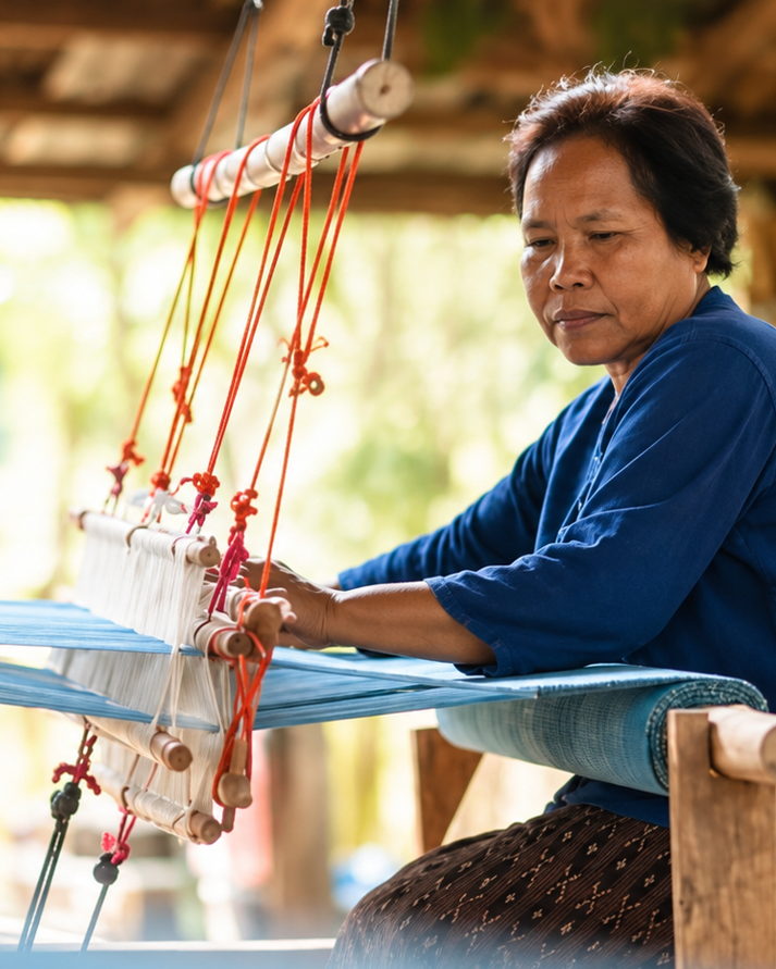 A weaver of the Sakon Nakhon community working at a traditional loom