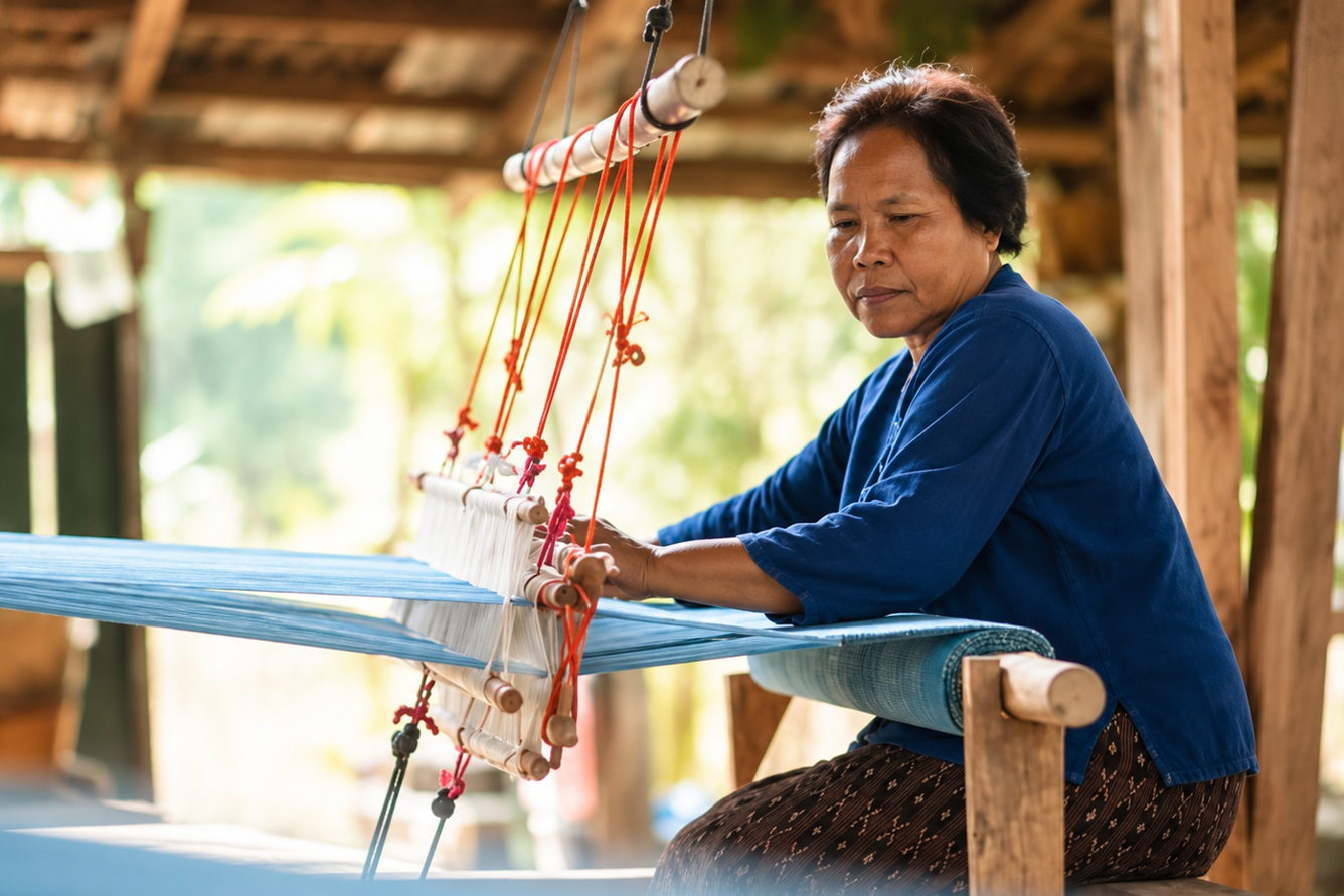 A weaver of the Sakon Nakhon community working at a traditional loom
