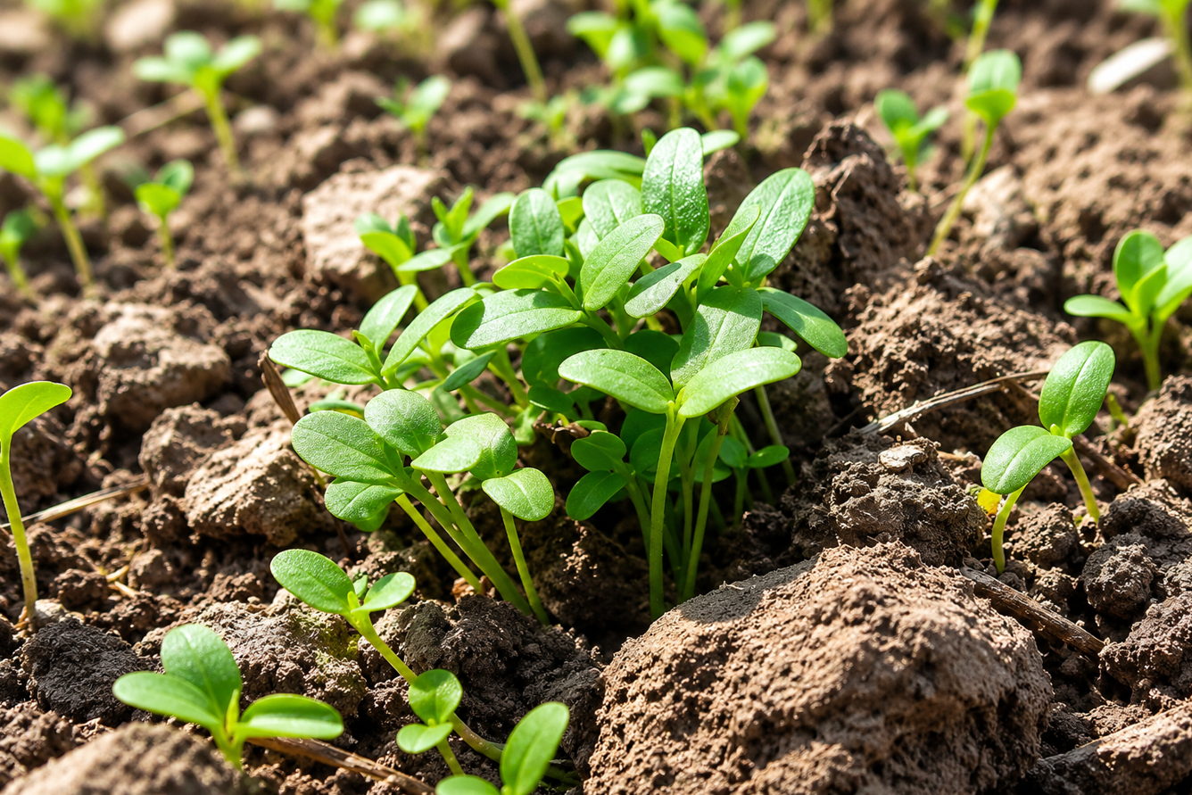 Young indigo plants growing in the soil near Sakon Nakhon