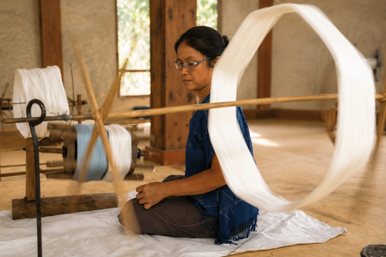 A maker winding spun cotton thread onto a skein winder
